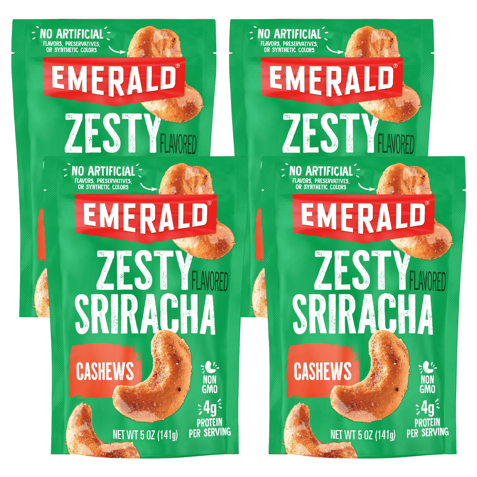 Emerald Nuts Sriracha Cashews, 5 oz Resealable Bag (Pack of 4)