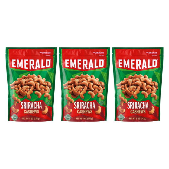 Emerald Nuts Sriracha Cashews, 5 oz Resealable Bag (Pack Of 3)