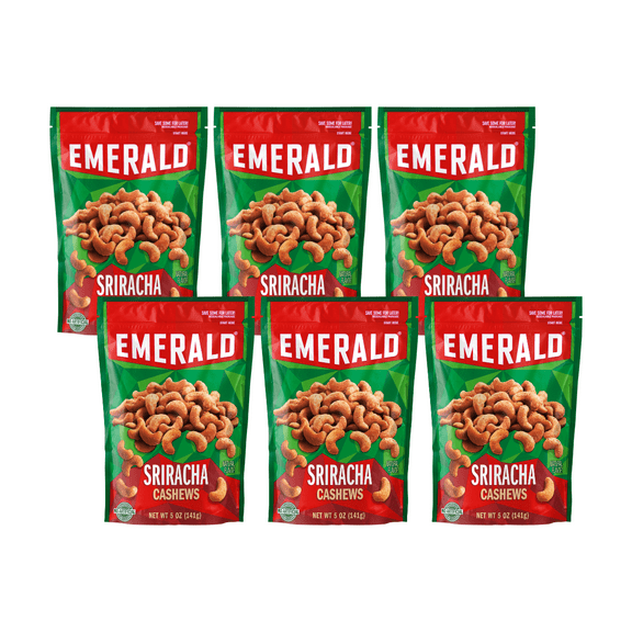 Emerald Nuts Sriracha Cashews, 5 oz Resealable Bag (Pack Of 6)