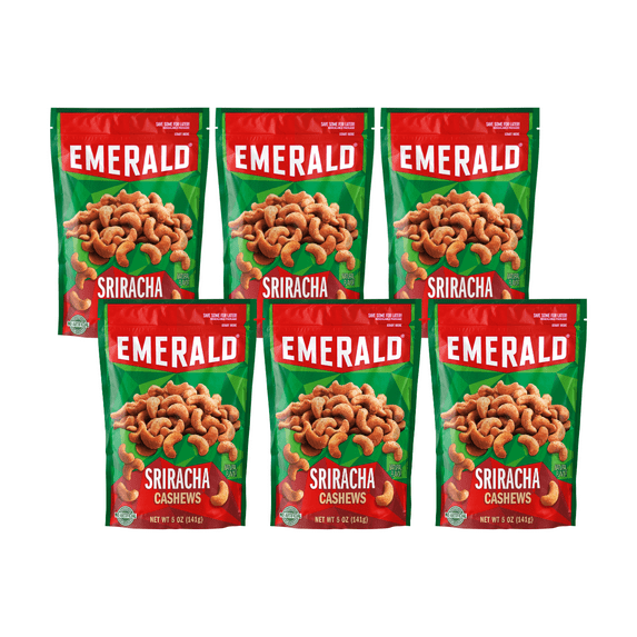 Emerald Nuts Sriracha Cashews, 5 oz Resealable Bag (Pack Of 6)