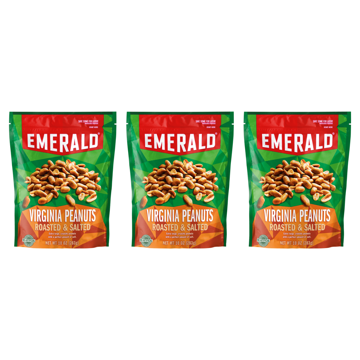 Emerald Nuts Virginia Peanuts Roasted and Salted, 10 oz Resealable Bag (Pack of 3)