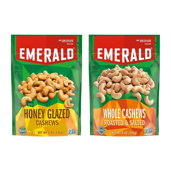 Emerald Nuts Whole Cashews Roasted & Salted 5.5 Oz + Honey Glazed Cashews 5.5 Oz Variety Pack