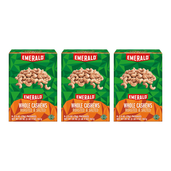 Emerald Nuts, Whole Cashews Roasted & Salted, 8 CT Box, 20 oz (Pack of 3)