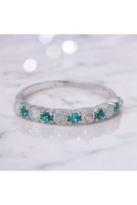 Emerald Opal Wedding Band, Half Eternity Opal Stacking Band, 925 Sterling Silver Wedding Ring, Gemstone Band, Birthstone Ring, Anniversary Christmas Gift