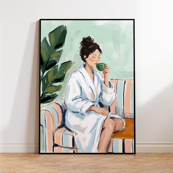 Emerald Orange Woman Coffee Wall Art Poster Unframed Paper Print