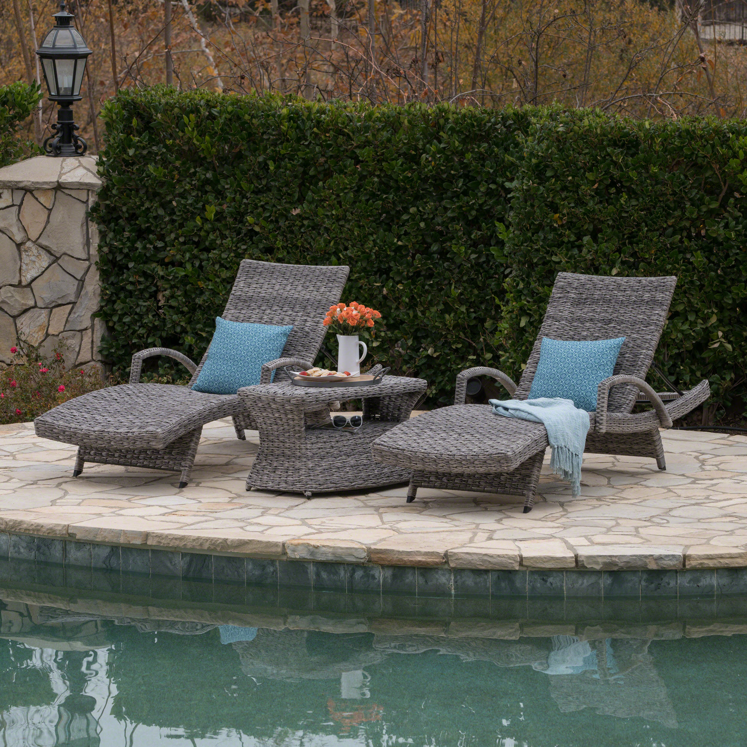 Emerald Outdoor 3 Piece Armed Wicker Chaise Lounges with Rectangular Side Table, Grey - image 1 of 6
