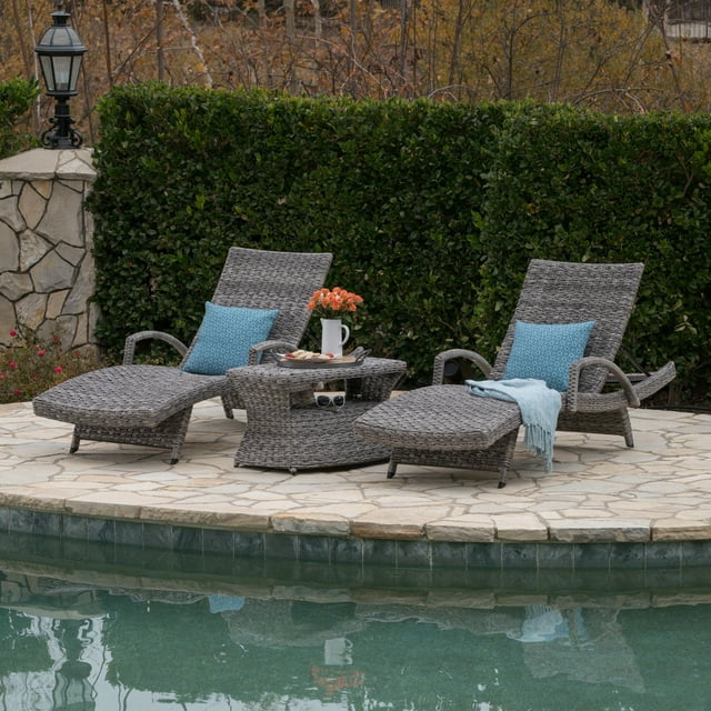 Emerald Outdoor 3 Piece Armed Wicker Chaise Lounges with Rectangular Side Table, Grey