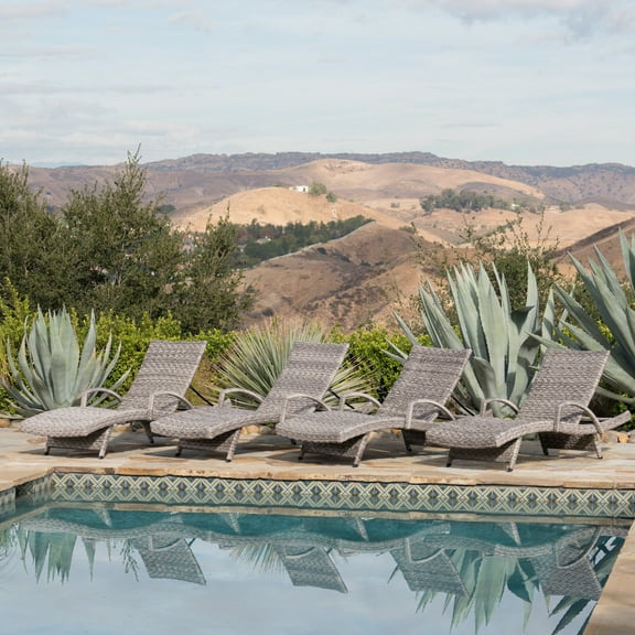 Emerald Outdoor Armed Wicker Chaise Lounge, Set of 4, Grey