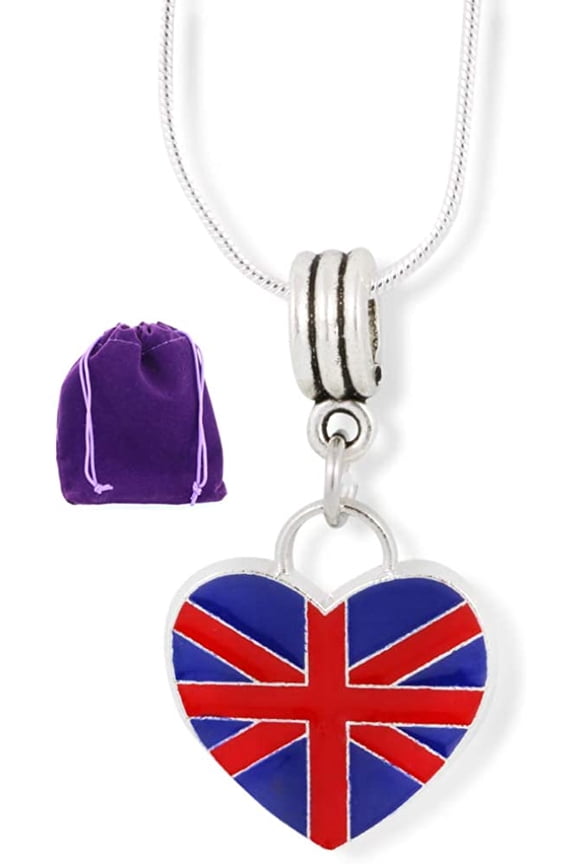 Emerald Park Jewelry British Flag Necklace | British on a Heart (Large) Charm Snake Chain Pendant