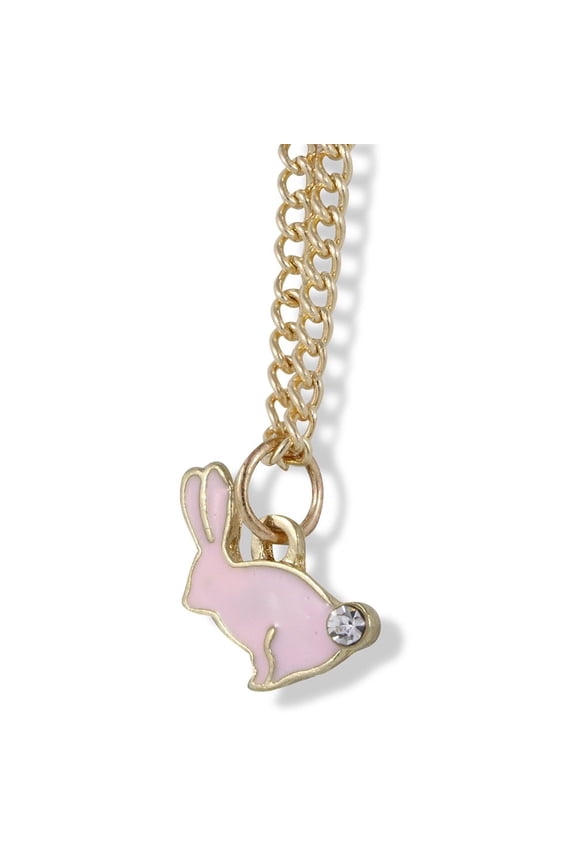 Bunny Rabbit with Rhinestone Tail Charm Gold Chain Necklace (Pink)