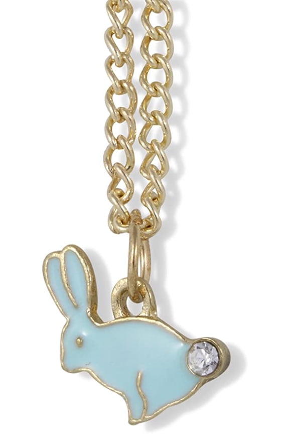 Bunny Rabbit with Rhinestone Tail Charm Gold Chain Necklace (White)