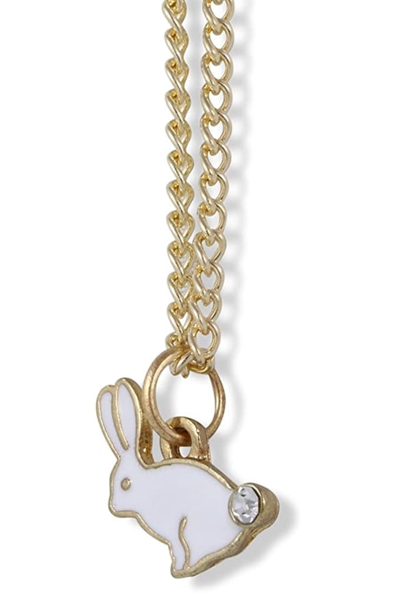 Bunny Rabbit with Rhinestone Tail Charm Gold Chain Necklace (White)
