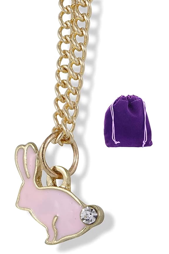 Bunny Rabbit with Rhinestone Tail Charm Gold Chain Necklace (White)