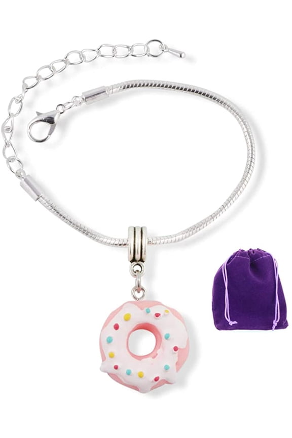 Emerald Park Jewelry Donut Bracelet | (Pink White Icing Sprinkles) Snake Chain Charm Pastry Bracelet