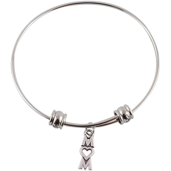 Mom with Heart for O Stainless Steel Adjustable Wire Charm Bangle