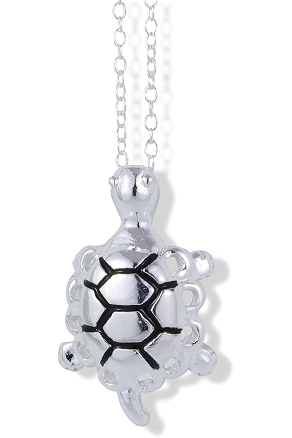 Silver Coloured Turtle with Black Lines Holes on Outer Shell Charm Chain Necklace