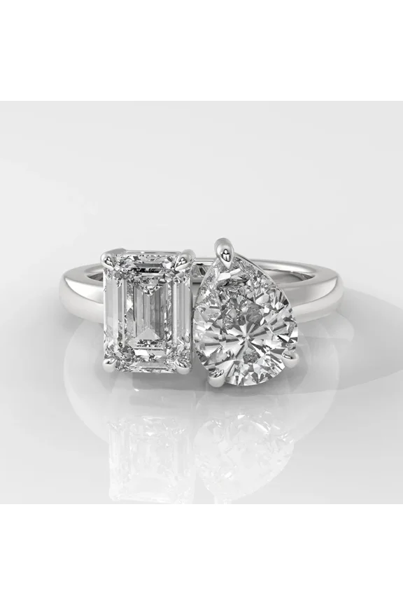 Emerald & Pear Cut Lab Created Diamond Solitaire Band Ring 14k White Gold Plated