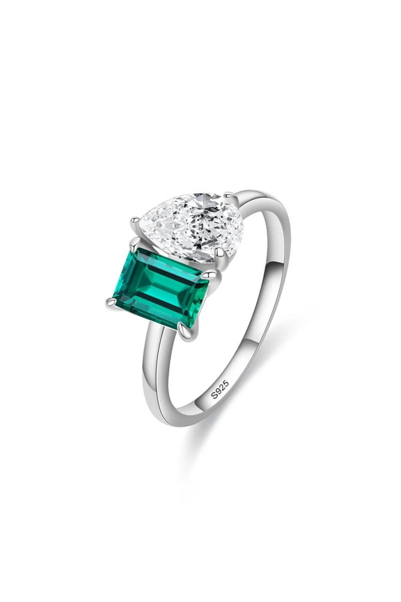 Emerald and Pear Cut Lab Created Emerald and Moissanite Toi Et Moi Engagement Ring in 925 Sterling Silver – Unique Design, Timeless Elegance, and Premium Craftsmanship for Her