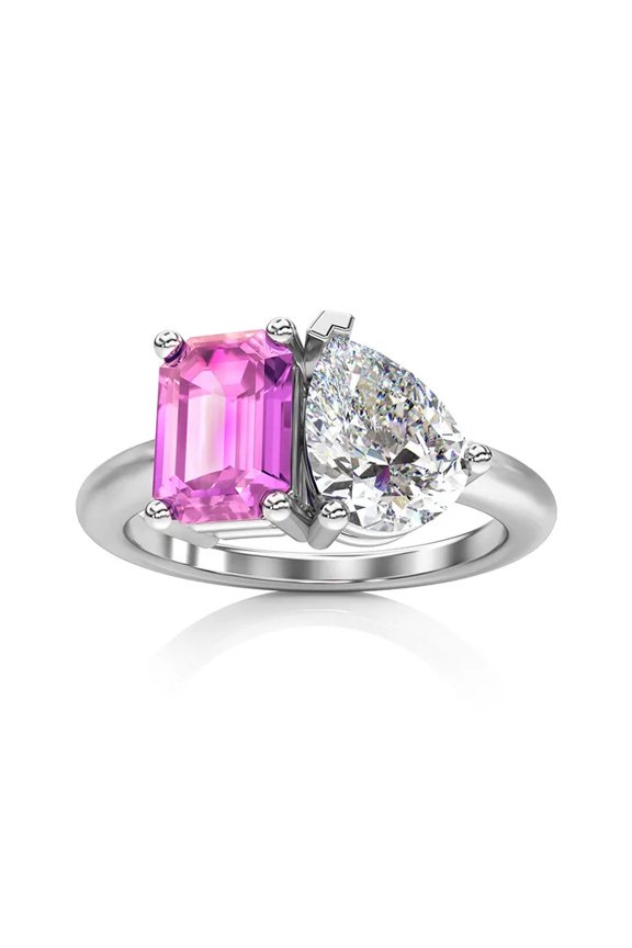 Emerald and Pear-Cut Lab-Created Kunzite and Moissanite Toi Et Moi Engagement Ring in 925 Sterling Silver – Unique Dual-Stone Design, Timeless Elegance