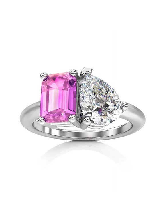 Emerald and Pear-Cut Lab-Created Kunzite and Moissanite Toi Et Moi Engagement Ring in 925 Sterling Silver – Unique Dual-Stone Design, Timeless Elegance
