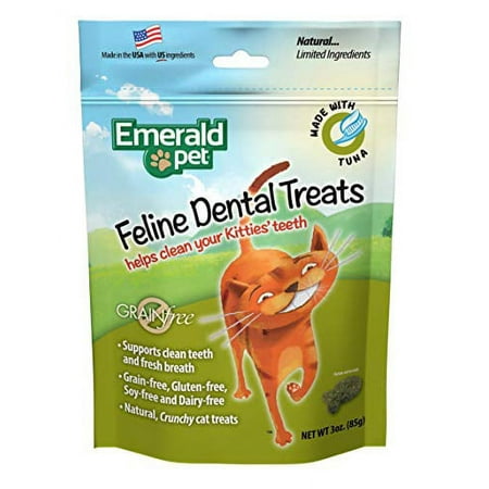 Emerald Pet Feline Dental Crunchy Natural Grain Free Cat Treats, Made in USA, Tuna, 3 oz (00403-CT)