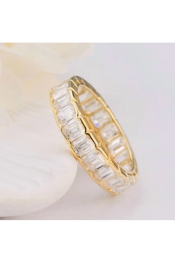 Emerald Promise Ring 14K Solid Yellow Gold Diamond Ring Wedding Band Eternity Stackable Moissanite Ring Gift For Her