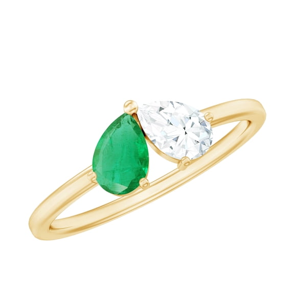 Rosec Jewels Real Emerald Toi Et Moi Promise Ring - Emerald Diamond Ring for Women - AAA Grade - Ready to Gift for Valentines Day, 18K Yellow Gold, US 13.00