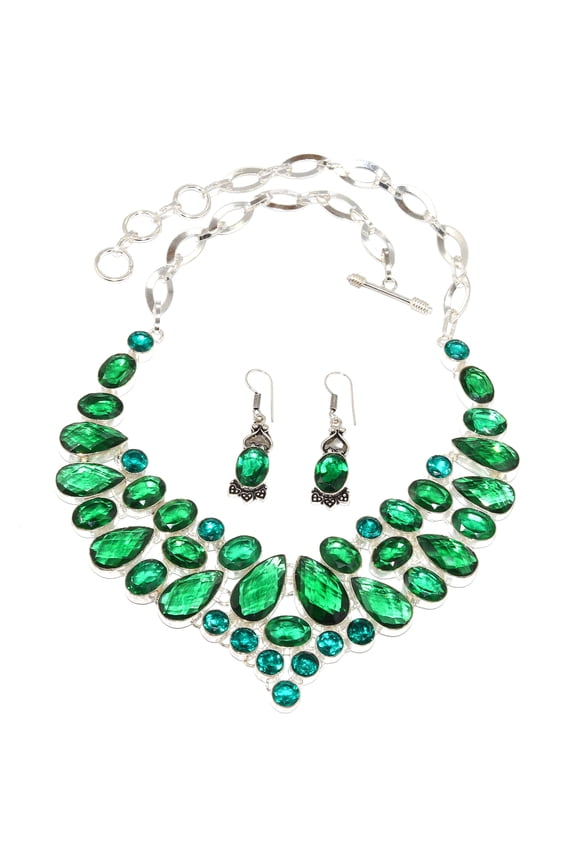 Emerald Quartz Gemstone Jewelry Necklace Earring 16-18''
