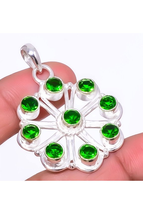 Emerald Quartz (Simulated) 925 Sterling Silver Chakra Pendant 1.76" P7869-13, Christmas Gift, Gemstone Silver Jewelry, Emerald Pendant, New Year Sale