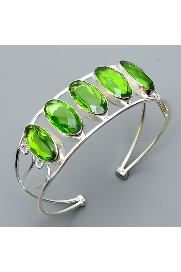 Emerald Quartz (Simulated) 925 Sterling Silver Cuff Adst. T28, Gemstone Jewelry, Birthday Gift, Christmas Gift