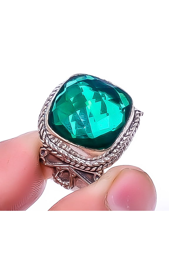 Emerald Quartz (Simulated) 925 Sterling Silver Handmade Bali Ring s.9 R1571-1