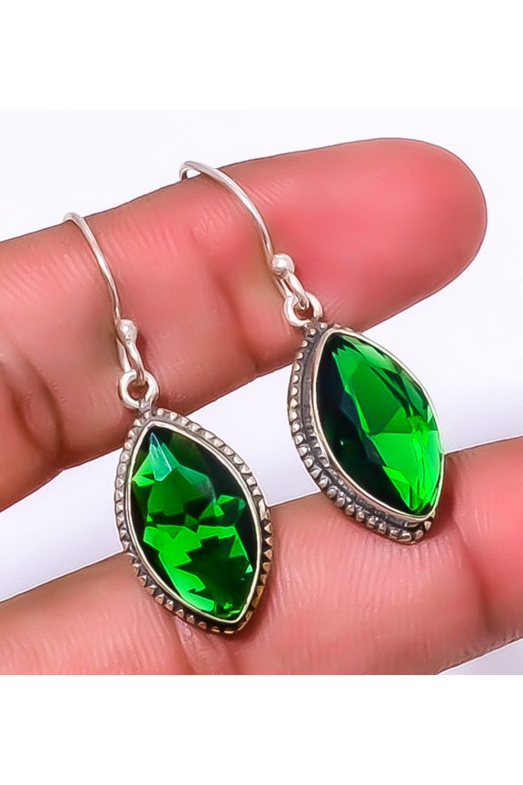 Emerald Quartz (Simulated) 925 Sterling Silver Handmade Earring 1.56" E7447-31