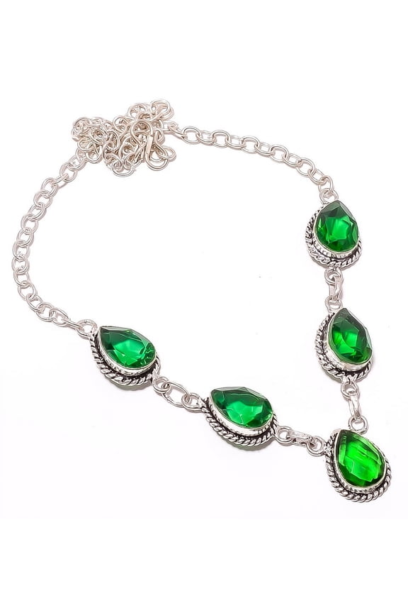Emerald Quartz (Simulated) 925 Sterling Silver Handmade Necklace 17.99" T276, Gemstone Silver Jewelry, New Year Sale, Valentin's Day Gift