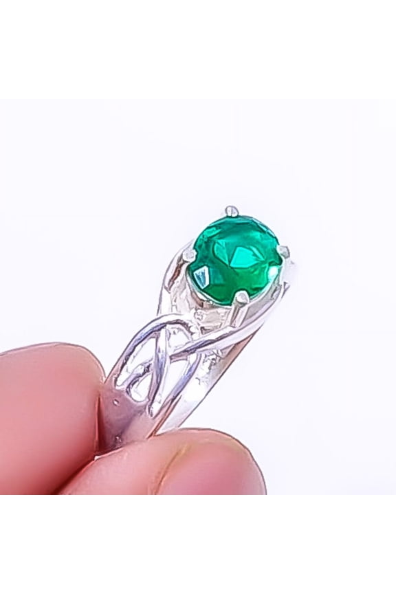 Emerald Quartz (Simulated) 925 Sterling Silver Handmade Solitaire Ring s.7 R763