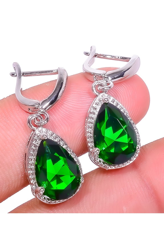 Emerald Quartz (Simulated) 925 Sterling Silver Jewelry Earring 1.17" E6217-254