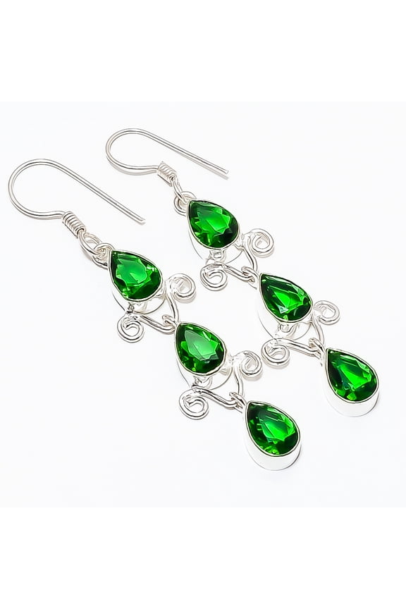 Emerald Quartz (Simulated) Gemstone 925 Sterling Silver Earring 2.73" TE7507-549, Handmade Jewelry, Dangle Earring