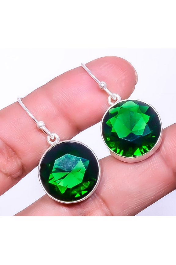 Emerald Quartz (Simulated) Handmade 925 Sterling Silver Earring 1.37" E40-8