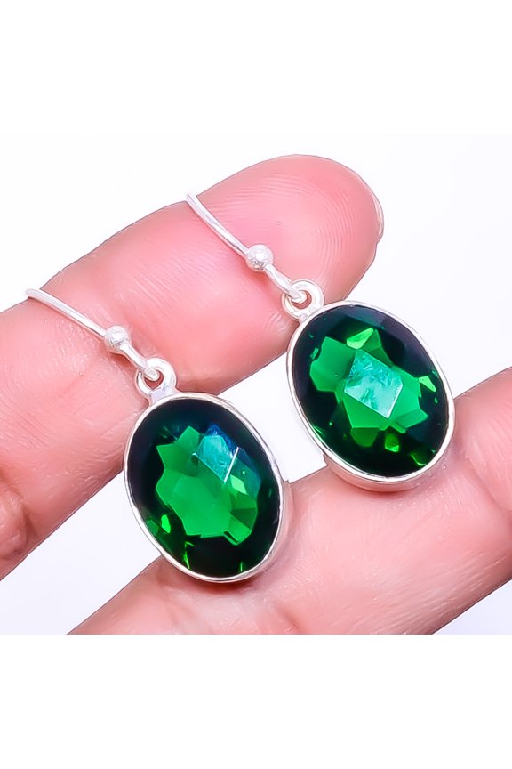 Emerald Quartz (Simulated) Handmade 925 Sterling Silver Earring 1.40" E40-1