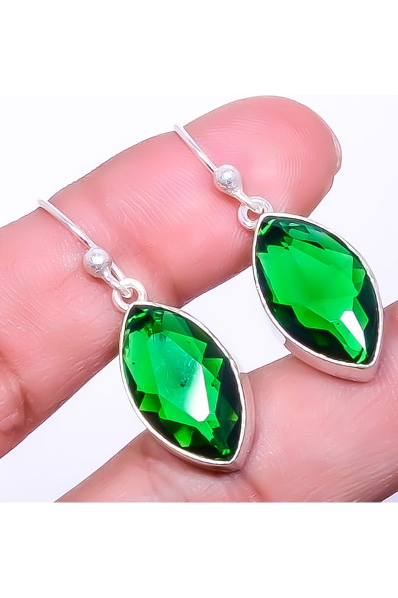 Emerald Quartz (Simulated) Handmade 925 Sterling Silver Earring 1.48" E0-10