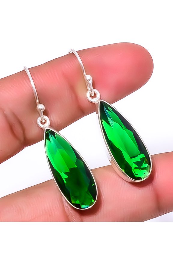 Emerald Quartz (Simulated) Handmade 925 Sterling Silver Earring 1.56" E1-39