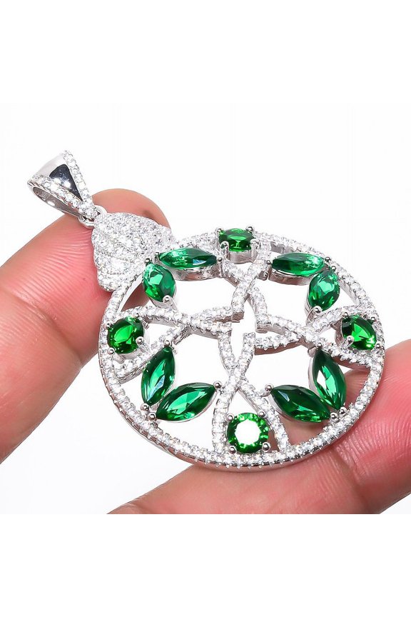 Emerald Quartz & Topaz (Simulated) 925 Sterling Silver Pendant 2.17" M1419, Emerald Pendant, Christmas Gift, New Year Sale, Gemstone Silver Jewelry