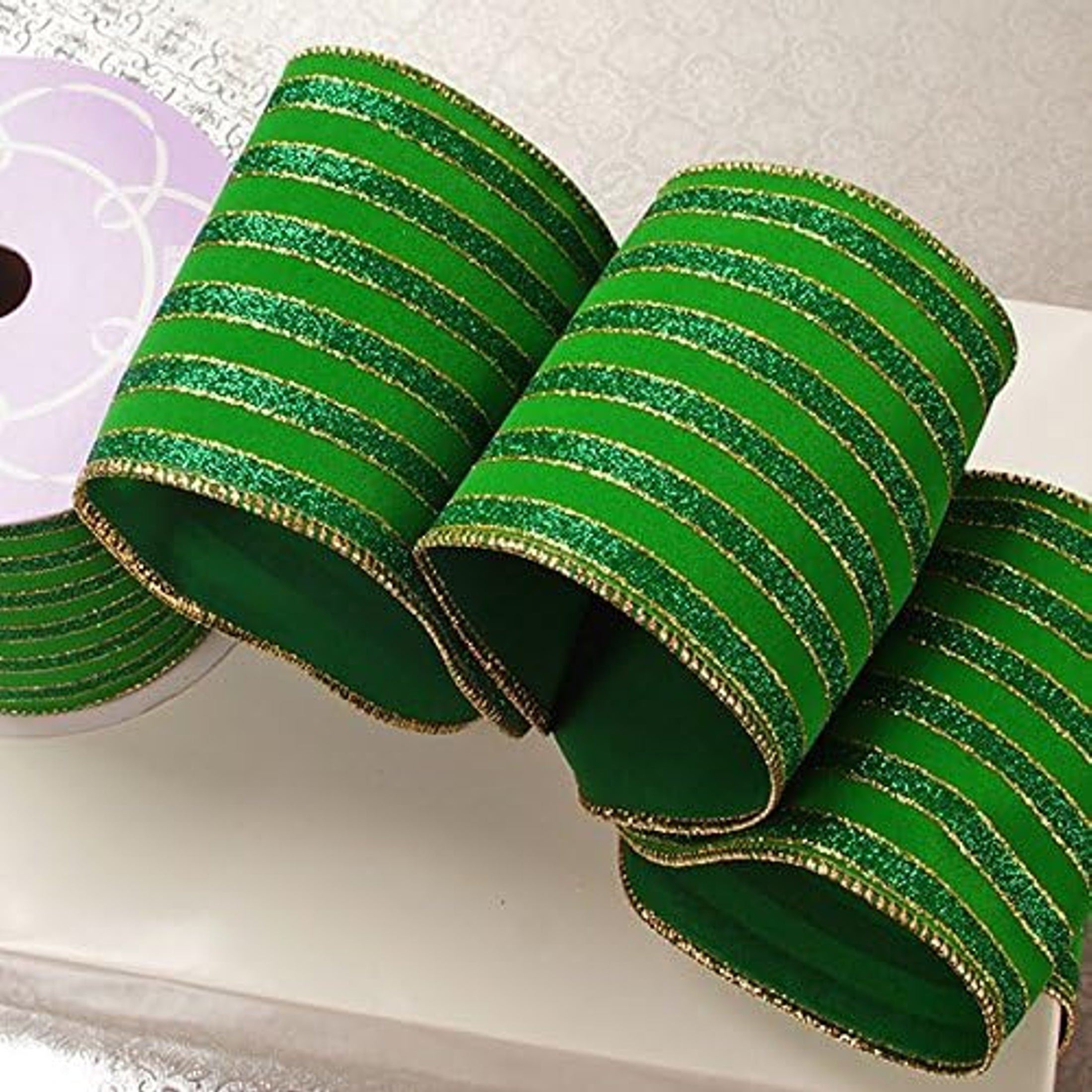 Emerald Regal Stripes Velvet Wired Christmas Ribbon - 4 Inches Wide X 10 Yards (566354060) - Holiday Ribbons, Wreath Ribbons