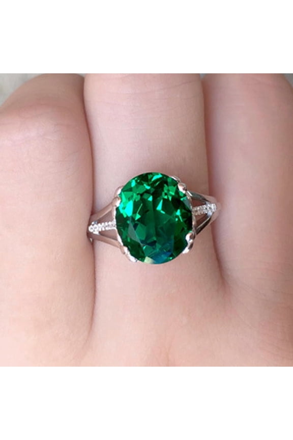 Emerald Ring 4 Carats Oval Cut 925 Sterling Silver Cubic Zirconia Crystal Diamond Solitaire Engagement Wedding