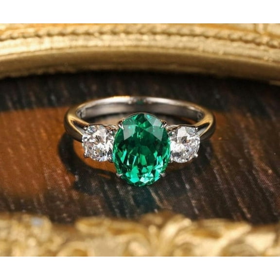 Emerald Ring Emerald Engagement Ring Sterling Silver Oval Cut 3 Stone Emerald Diamond Ring May Birthstone Wedding Promise Ring Anniversary.