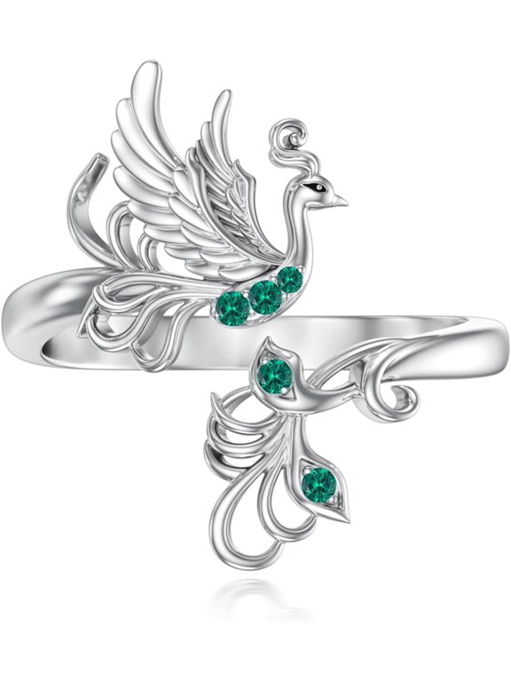 Emerald Ring for Women 925 Sterling Silver May Birthstone Jewelry Phoenix Ring Adjustable Christmas Gifts Birthday Anniversary Rebirth Jewelry Gift for Mother Daughter Wife Friend
