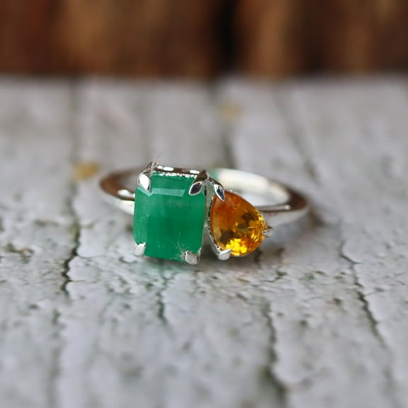 Emerald Ring, Yellow Citrine Prong Setting Ring, Solid 925 Sterling Silver Jewelry, Anniversary Gift Ring, Two Stone Proposal Ring
