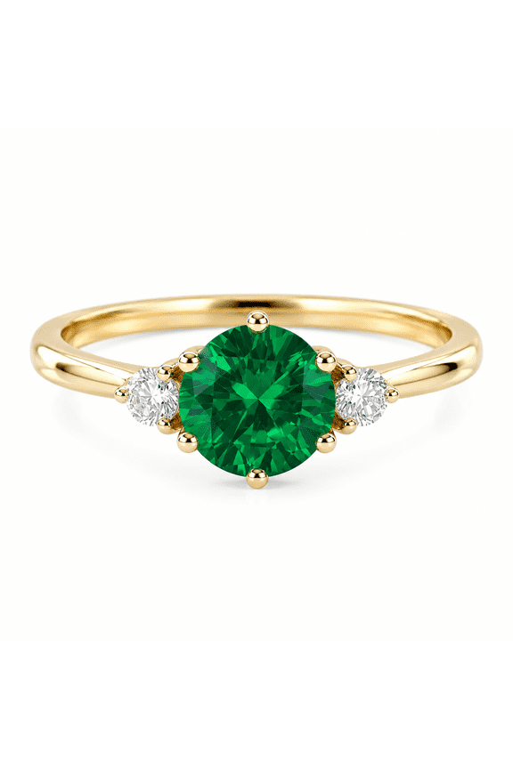 Emerald Ring for Women, Round Green Gemstone Engagement Ring with Side Accent Stones, Gold Plated Promise Ring, May Birthstone Jewelry