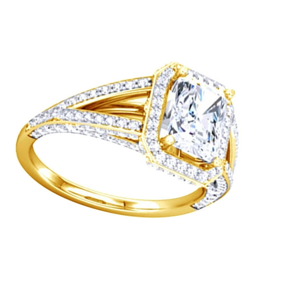 AFFY Emerald & Round Shape White Diamond Engagement Band Ring 14K Solid Yellow Gold (0.25 Cttw) By