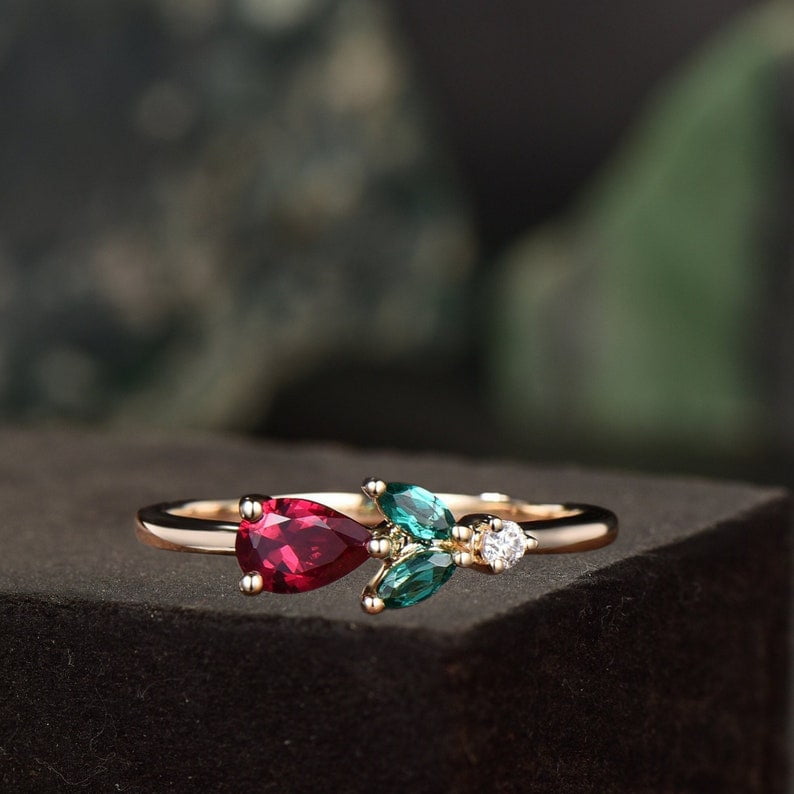 Emerald Ruby Proposal Ring Dainty Rose Flower Promise Pear Cut July ...
