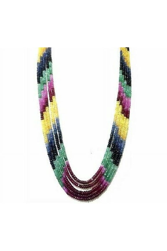 Emerald Ruby & Sapphire Multi Precious 3.5mm Roundel Cut Beads Necklace